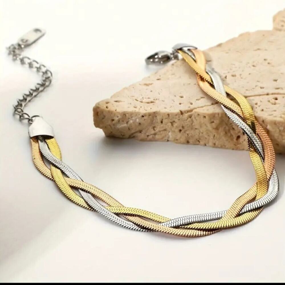 Stainless Steel Necklace Herringbone braided Tri-Colour Flat snake Chain 2 Pcs. - Picture 13 of 15